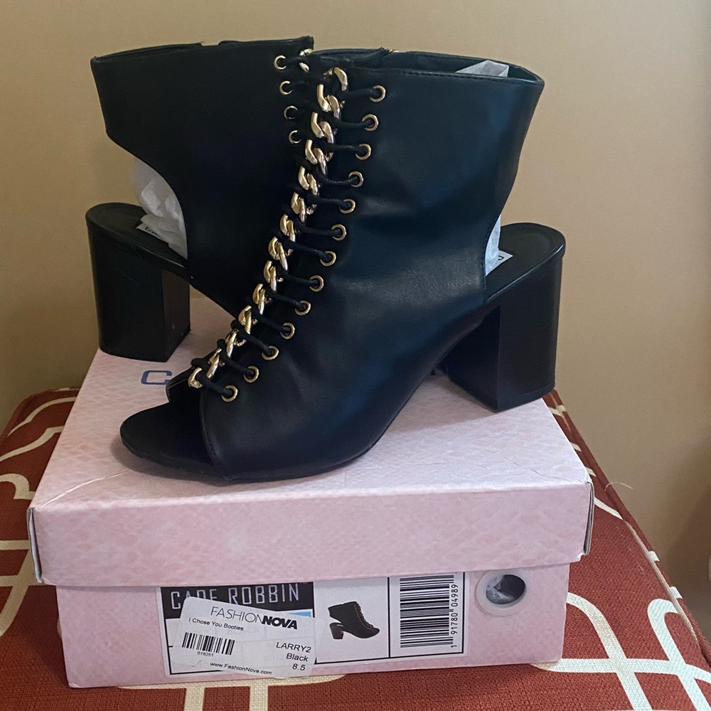 Fashion Nova Black Leather Open Toe Booties - Size 8.5